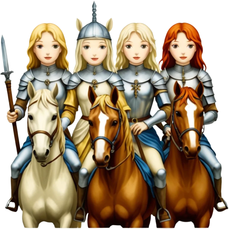 aesthetic brilliant radiant divine lighting, oil paint - ivory Four thin women as horsemen of the Apocalypse, after a graphic by Albrecht Dürer emoji
