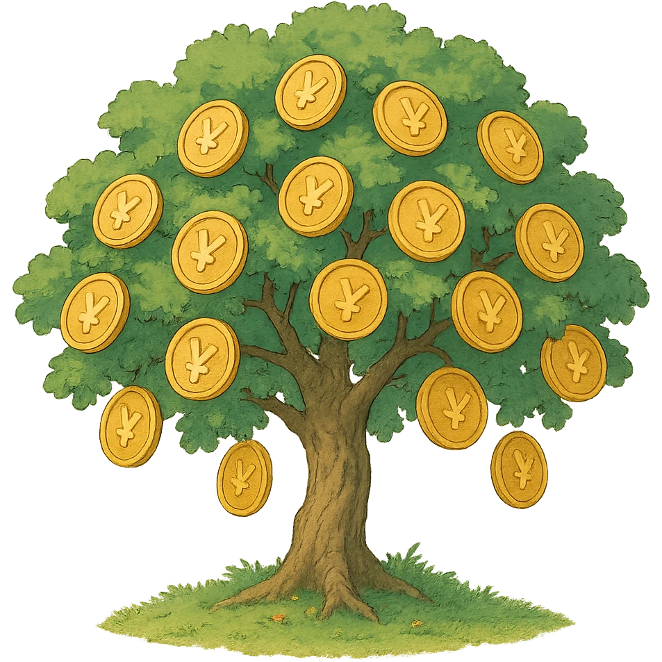 ghibli style illustration of investment, a tree with golden coins emoji
