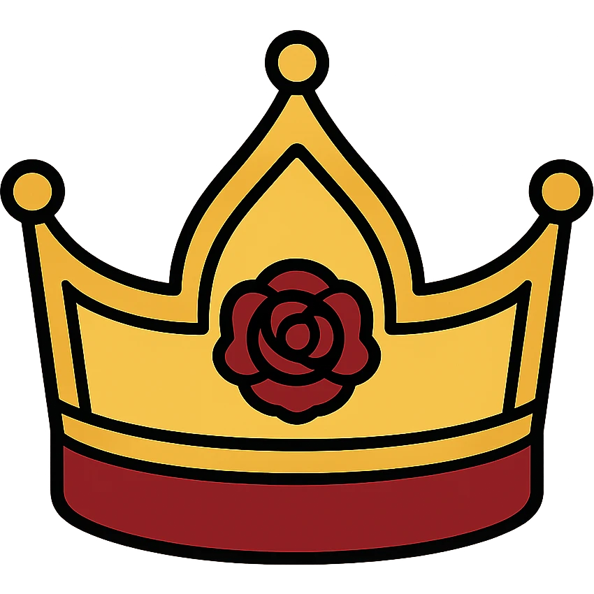 A queen level golden fantasy tiara-crown. The crown is golden and velvet crimson color shaded, and dark rose is engraved in the ring of the crown. Ultra Realistic. Detailed design. Amazing details. emoji