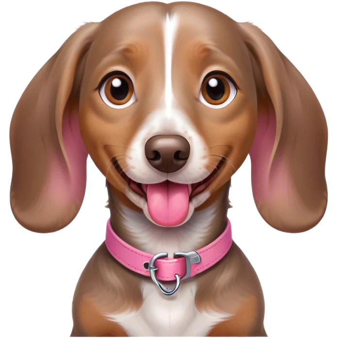 a brown grey and white dapple mini dachshund with her tongue out and a pink collar emoji