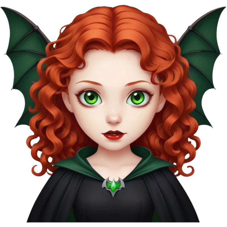 vampire girl with long curly red hair and green eyes, in a black with bat wings emoji
