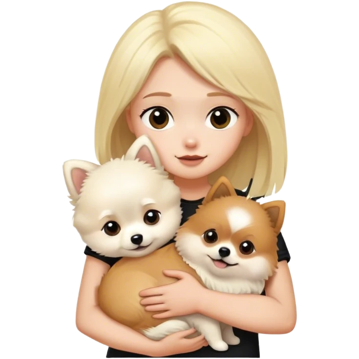 Blond girl and black hair boy hugging white Pomeranian and brown Pomeranian  emoji