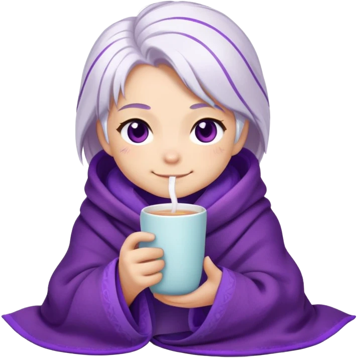 Chibi Sable Ward wrapped in a blanket, holding a warm drink, cozy expression, white hair with purple streaks, fully purple eyes, content smile emoji