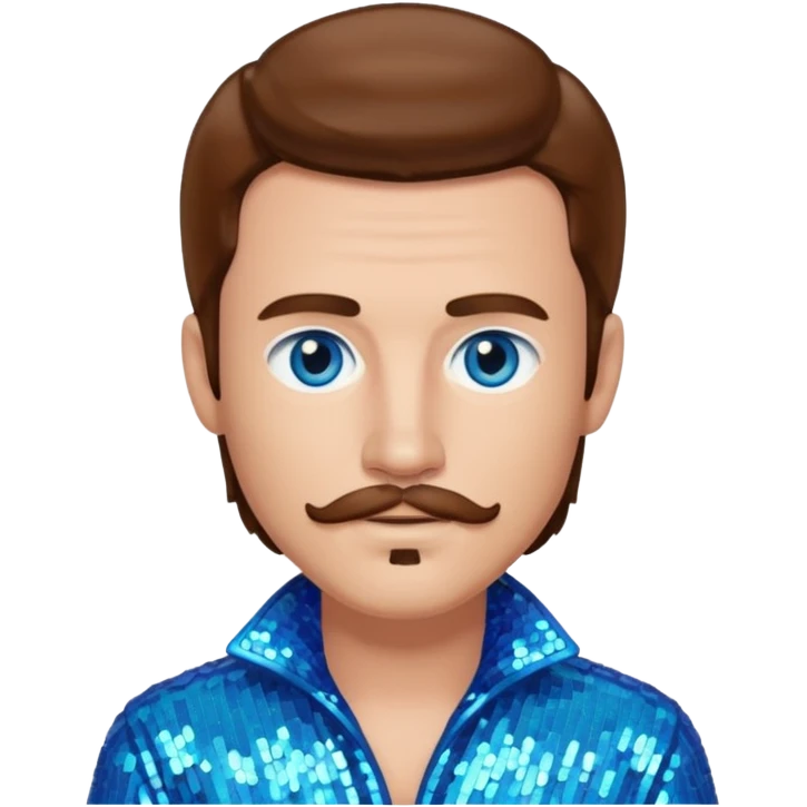 Benson Boone (b.2002), Pop Singer with blue eyes, brown long hair and thin mustache, icy blue sequin outfit emoji