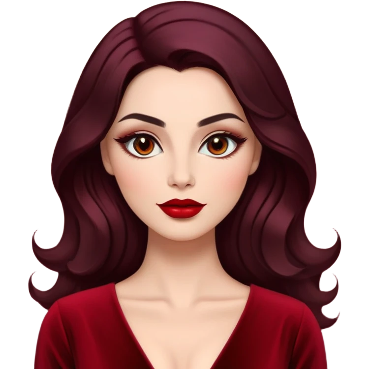 Confident woman with luminous skin, elongated face, defined features, dark almond eyes with dramatic eyeliner, thick eyebrows, straight elegant nose, full bright red lips, voluminous dark hair with soft waves, wine red velvet V-neck dress emoji