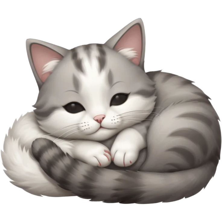 grey and white small cat with eyes closed lying down upside down with its head resting on its paw emoji
