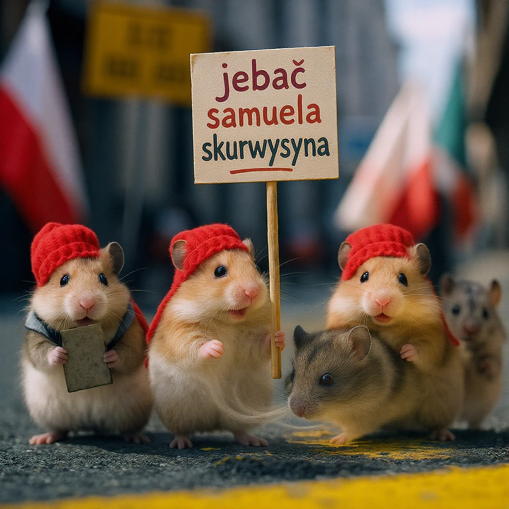 Cinematic shot of a group of hamsters takes over polish sejm. some of them has signs with "jebać samuela skurwysyna". emoji