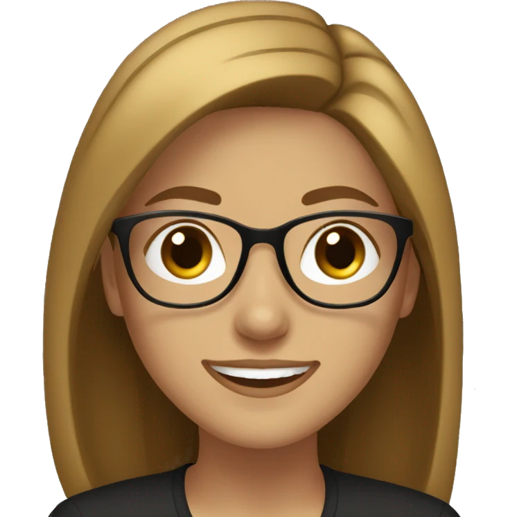 Girl with straight hair brown hair, smiling gold glasses with black blouse and light brown cardigan. emoji