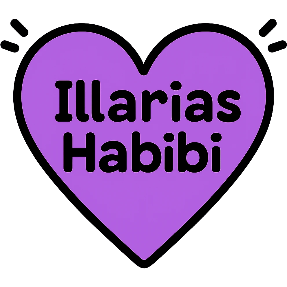 Change the font of the text 'Illarias Habibi' to a playful rounded style, keeping the purple heart with black accents and no background. emoji