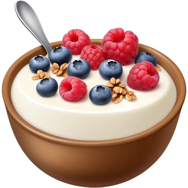 yogurt brown bowl with raspberries, blueberries and granola  emoji