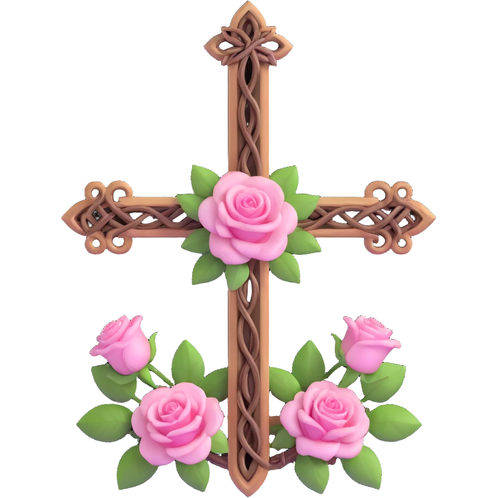 3D gothic cross entwined with pink roses, elegant and dark emoji