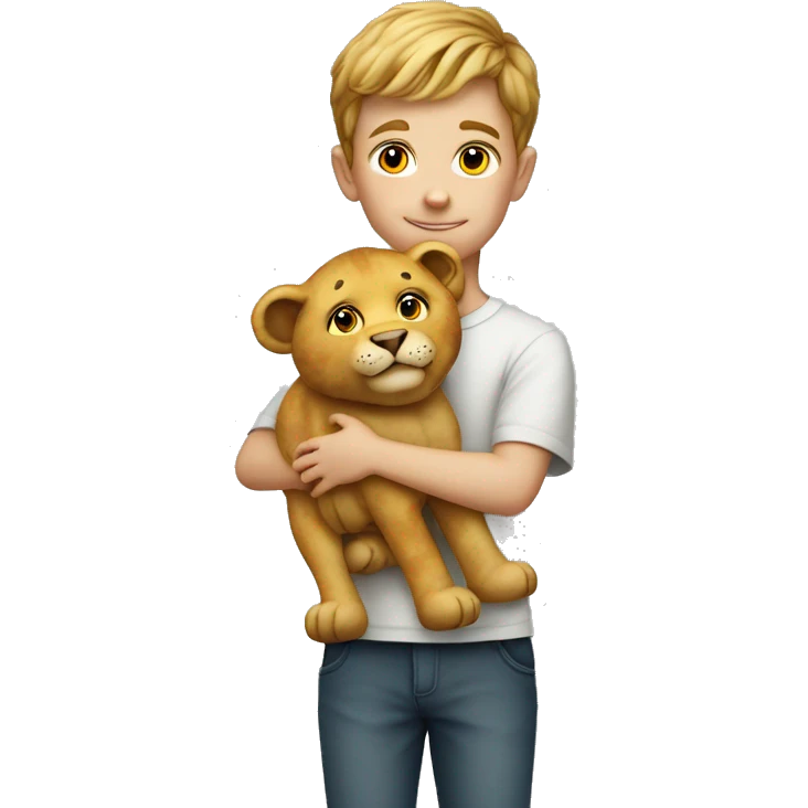 a 7 years old white boy holding a stuffed lion toy emoji