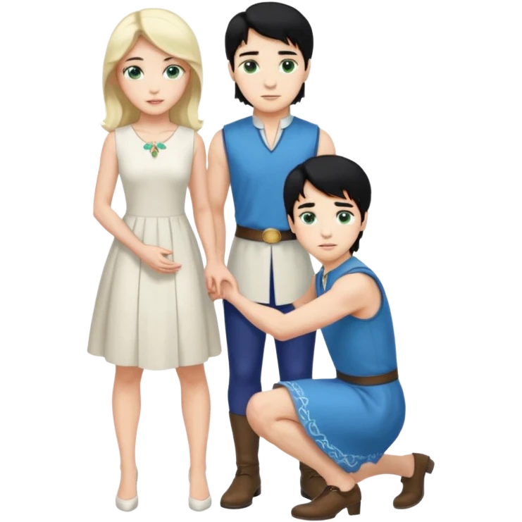 prince, upright, black Hair, blue eyes, garment, and woman, bending knee, sleveless white dress, blonde hair, green eyes, emoji