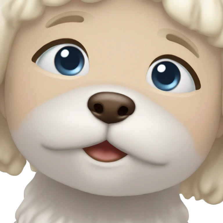 Bichone frise and me (blonde hair, little bit orande and brown tone) blue eyes, standart face, big smile with teeth  emoji