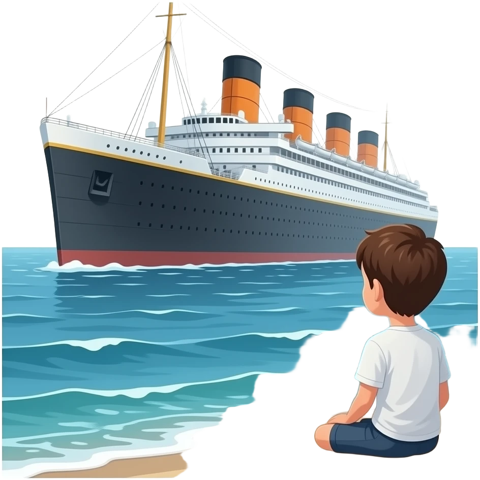 The ghostly ship The Queen Mary floats above the sea while a boy on the shore watches the scene - cut scene emoji