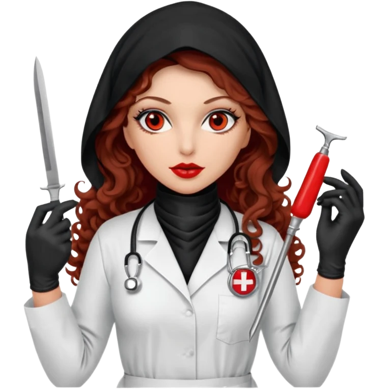 


Scary woman scalpel in hand, evil surgeon sexy surgeon clothes.  She has redcolored  eyes. Her  hair only is free ne brown long curly hair. Wears sexy doctor outfit with red gloves. make her wear full Muslim burka to mask and nose mouth mask  to hide. Wears white surgeon coat, wears  stilettos emoji