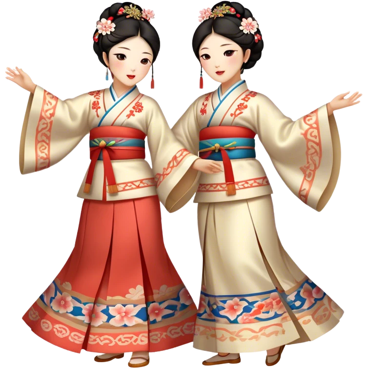 Cinematic Realistic scene of two performers engaging in Ganggangsullae, dressed in traditional Korean costumes with intricate patterns and graceful movements, illuminated by soft, festive lighting that accentuates the cultural ambiance emoji