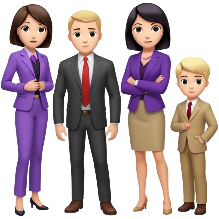 The Parr family from Incredibles in civilian clothes - Bob in business suit, Helen in casual clothes, Violet teen with black hair, Dash blonde boy, baby Jack-Jack emoji