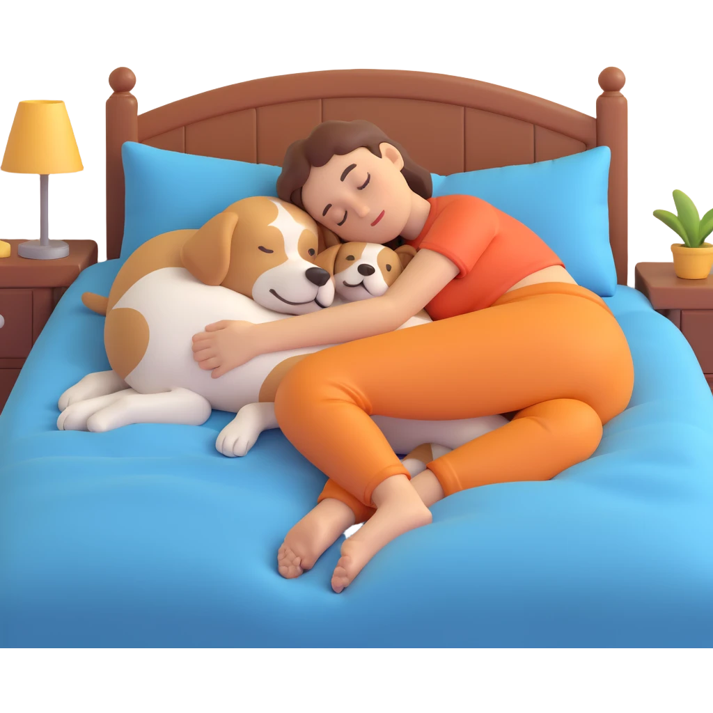 person sleeping and cuddling with a dog on a bed, cozy and peaceful, generic appearance emoji