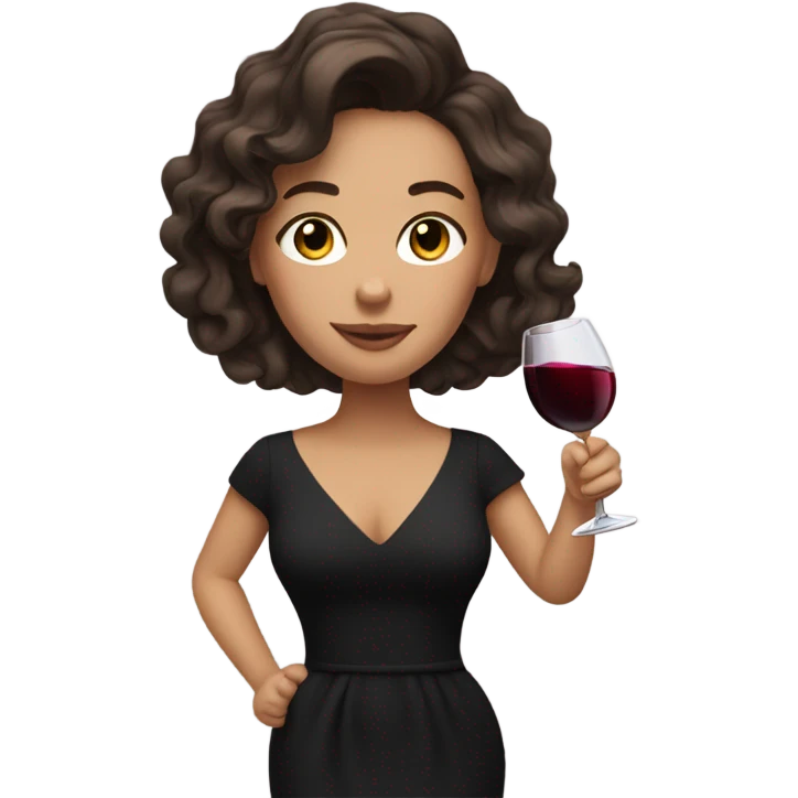 white girl with wavy brunette hair, holding a glass of wine while wearing a black dress emoji