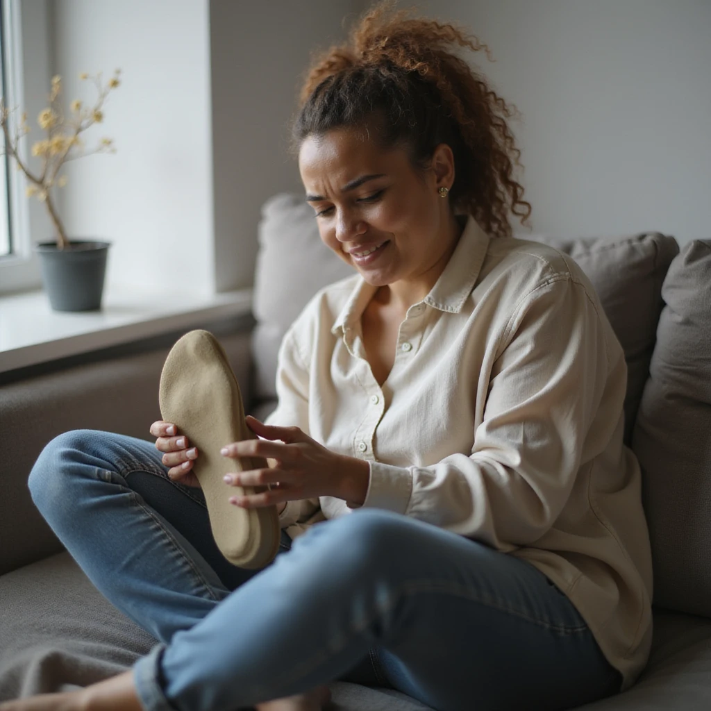realistic 4K woman sitting on sofa wearing orthotic insole and relaxing, then holding foot with discomforted expression emoji