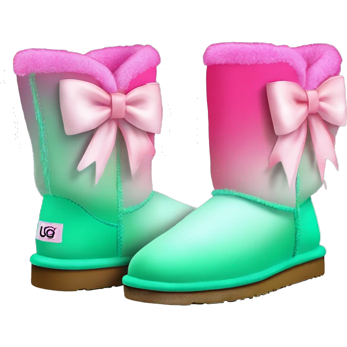 Realistic pair of hot pink to mint green ombre fur Ugg boots with silk ribbon bows. emoji