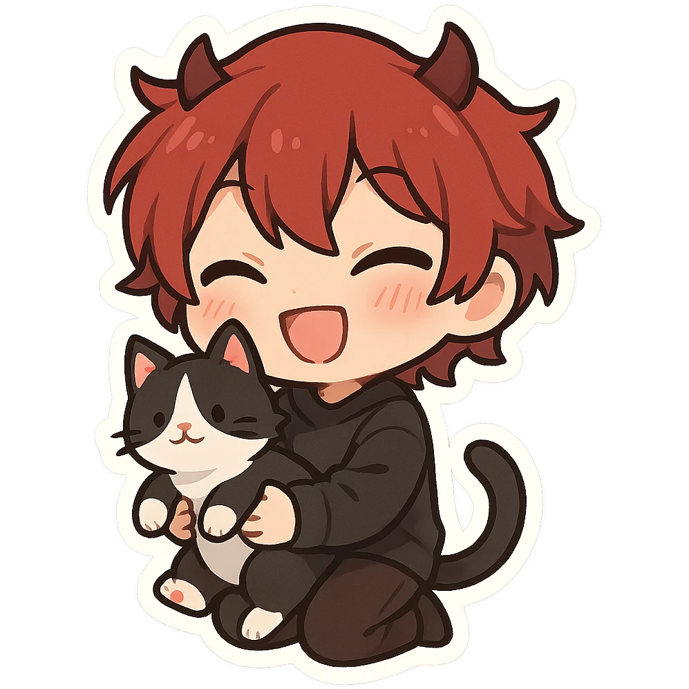 A chibi version of a character with red hair, horns, and a black and white cat, in a cute and expressive style. emoji