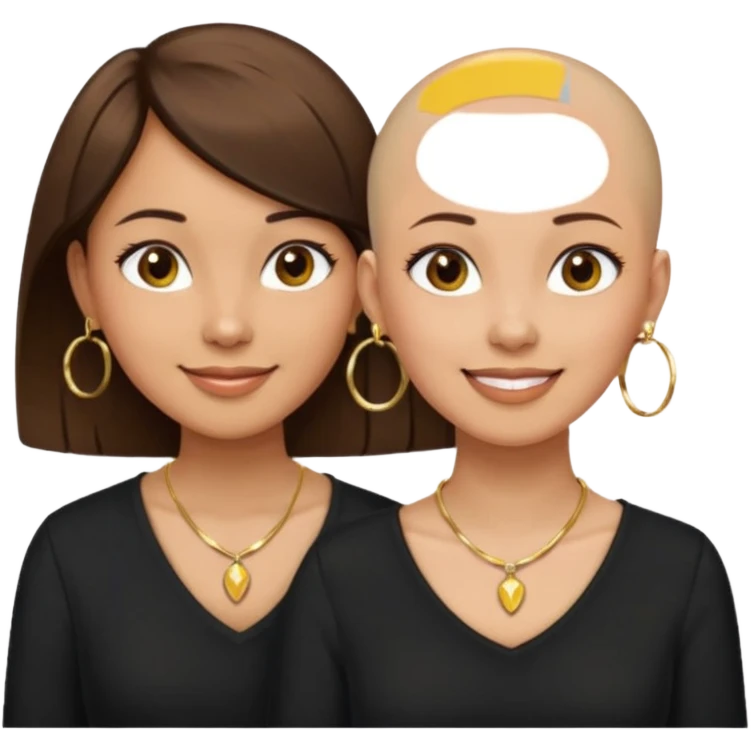 Three sisters olive skin tone one with bald head and one with pixie brown hair cut and the other with long brown hair wearing gold hoop earrings and gold necklace and black shirts emoji