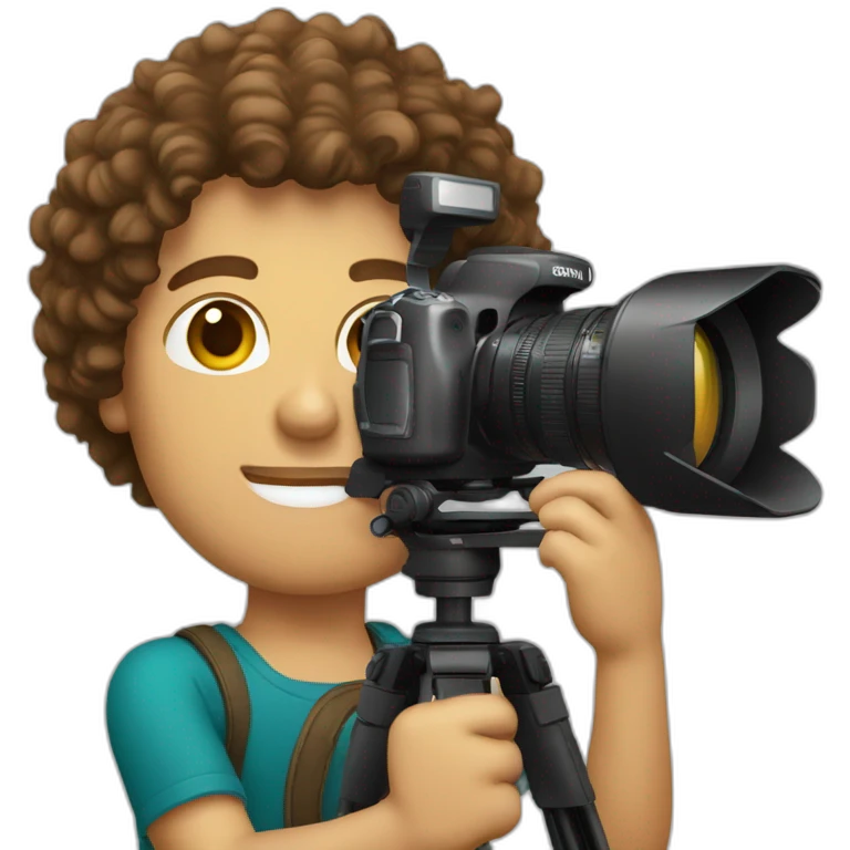 Male Photographer Caucasian curly brunette holding camera emoji