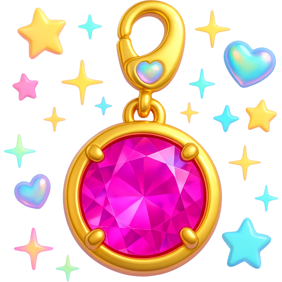 add more Y2K accents: pastel stars, iridescent hearts, and neon sparkles around the elegant round cut pink sapphire holographic charm with gold setting and gold jump ring, extreme close-up, 3D emoji style emoji
