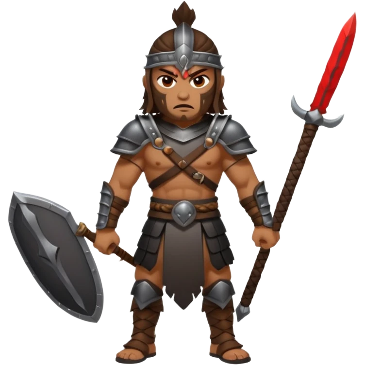 full body mean looking Hun warrior inspired by Mulan, barbaric, fierce expression, dark armor, intimidating stance emoji