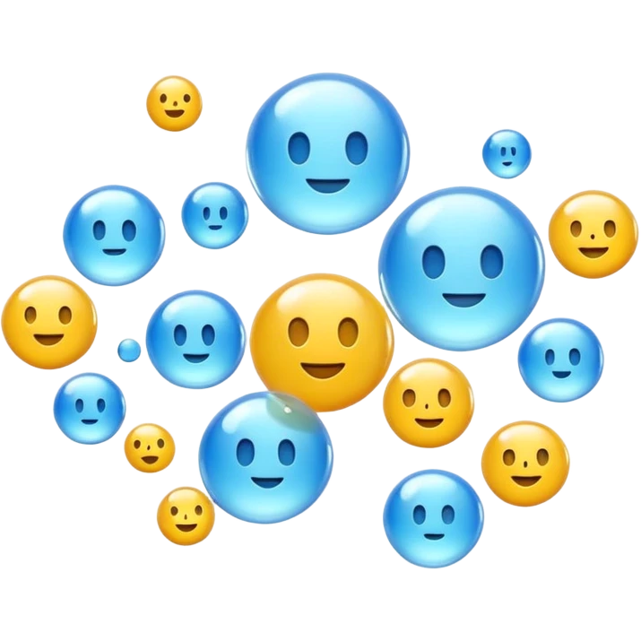 3D iPhone style emoji of free-floating bubbles, scattered randomly in the air, translucent and shiny, various sizes, not contained in any circle, isolated on white background, soft shadows, high detail, playful and cute. emoji