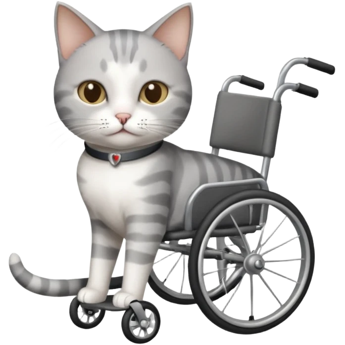 grey and white cat in a wheelchair designed for cats to walk emoji