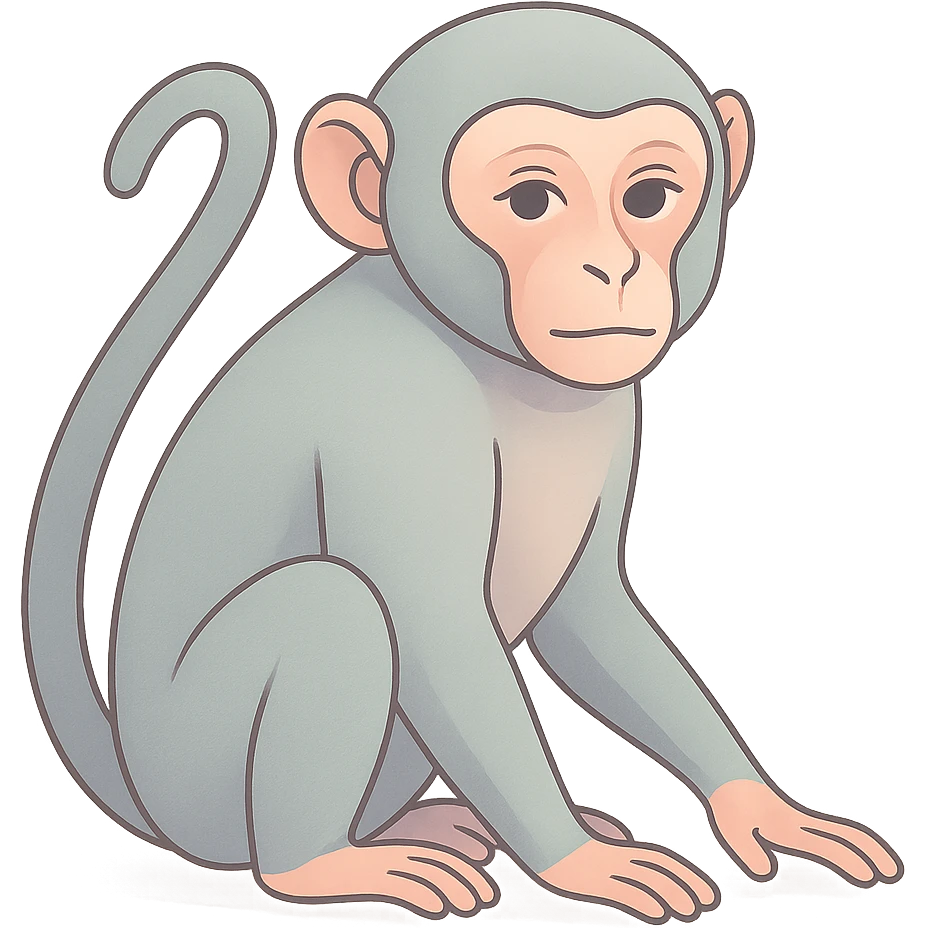 Edit the image to depict a monkey as the symbol of the year in Feng Shui, in a Chinese Eastern style. Use thin, clean contours and soft rounded shapes. Apply a pastel palette with colors #98B5BC, #B5B3C1, #C9A3C9, #E4C0CA, #F7DCD1, #F7C0AA. Include detailed shadows and highlights with soft lighting. Keep the silhouette and appearance as in the reference. Make it less cute and without decorative elements. Transparent background. emoji