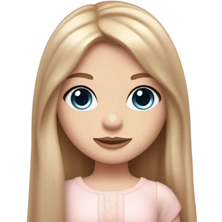 pale girl , who has straight, slightly wavy long brown caramel hair with long curtain  ,blue eyes , and doll like makeup , in a light pink cutesy outfit   emoji