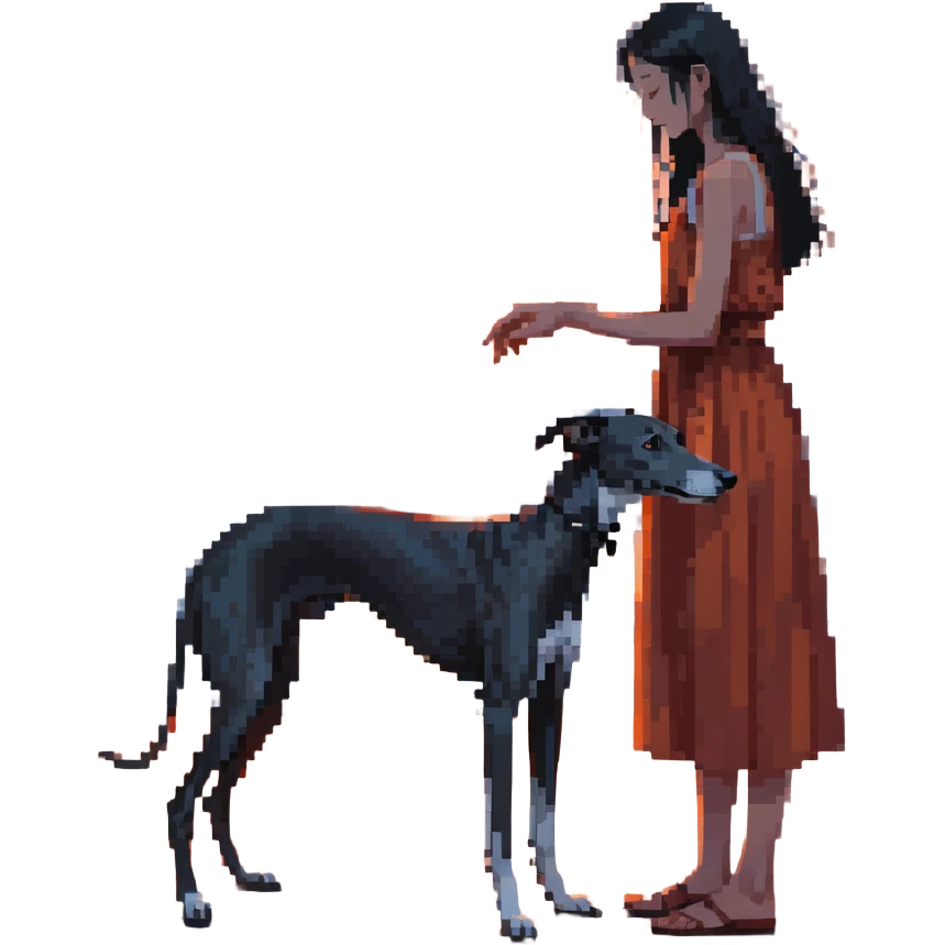 A very beautiful and attractive 25-year-old Japanese woman with long flowing black hair gently petting a SOLID DARK GREY whippet on a beach during a beautiful sunset. The woman's hand is lovingly stroking the whippet. The whippet MUST be COMPLETELY SOLID DARK GREY with ABSOLUTELY NO WHITE MARKINGS ANYWHERE - no white chest, no white face, no white paws, no white tip on tail - ENTIRELY ONE SOLID DARK GREY COLOR throughout the entire dog. Orange and red sunset sky over the ocean, sandy beach in the foreground. emoji