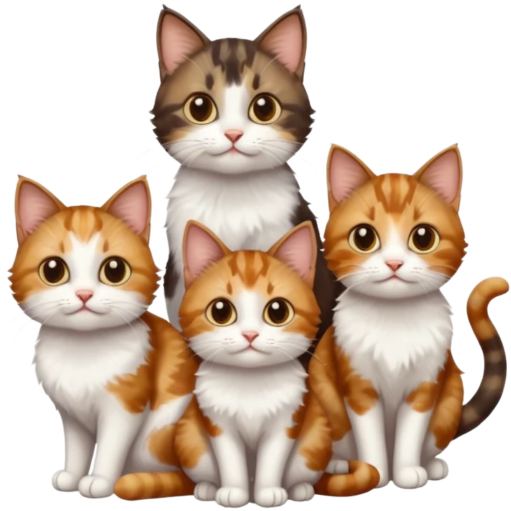 3 different coloured small cats including a dark brown tabby and white, and a patchy calico, and a ginger and white emoji