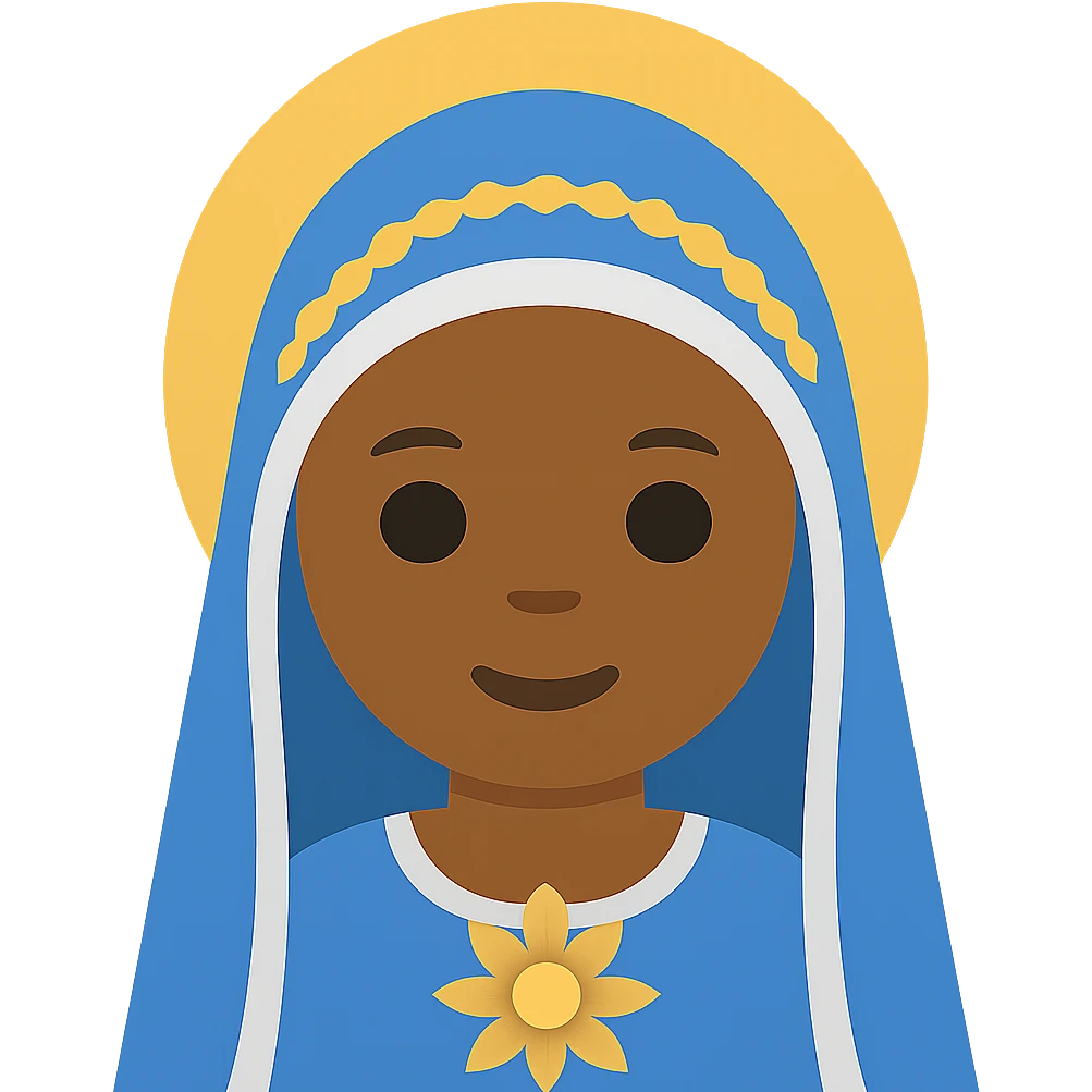 Edit the image of Virgin Mary to have tanned skin with simplified emoji traits, a round face, minimal details, large eyes, and a small mouth. Remove the background. The style should resemble a simplified emoji look with minimal details and a clean appearance. emoji