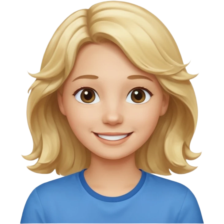 Happy blond girl with light weavy hair with a blue shirt but we can see only her face and neck and the top of the t shirt, no whole body emoji