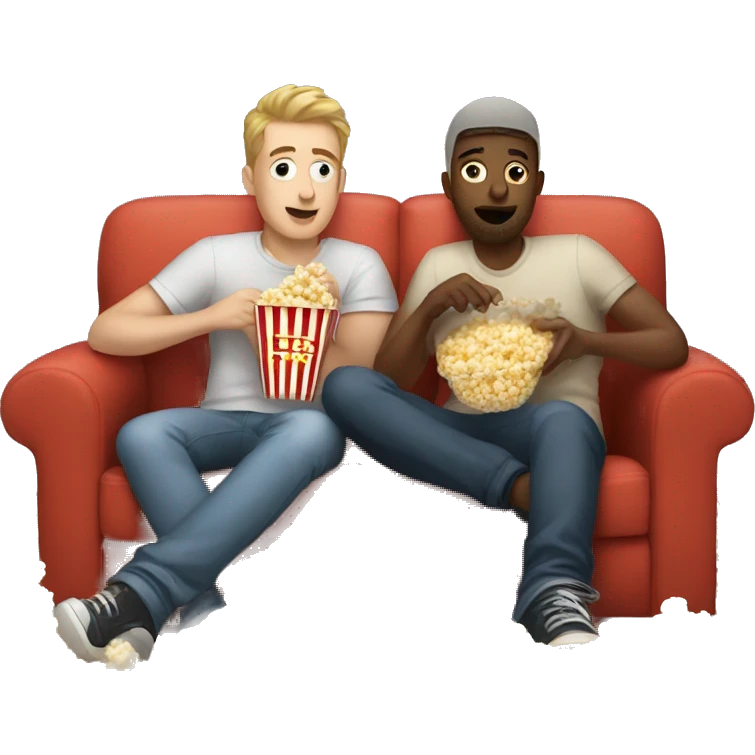 Two white gay men and dog eating popcorn on couch emoji