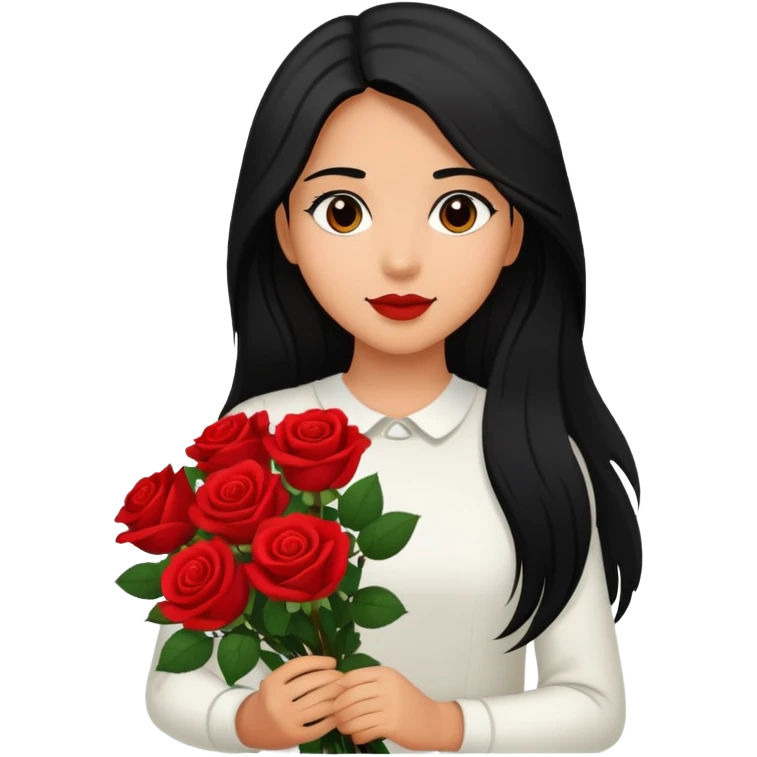 A girl with long black hair holding a bouquet of roses emoji