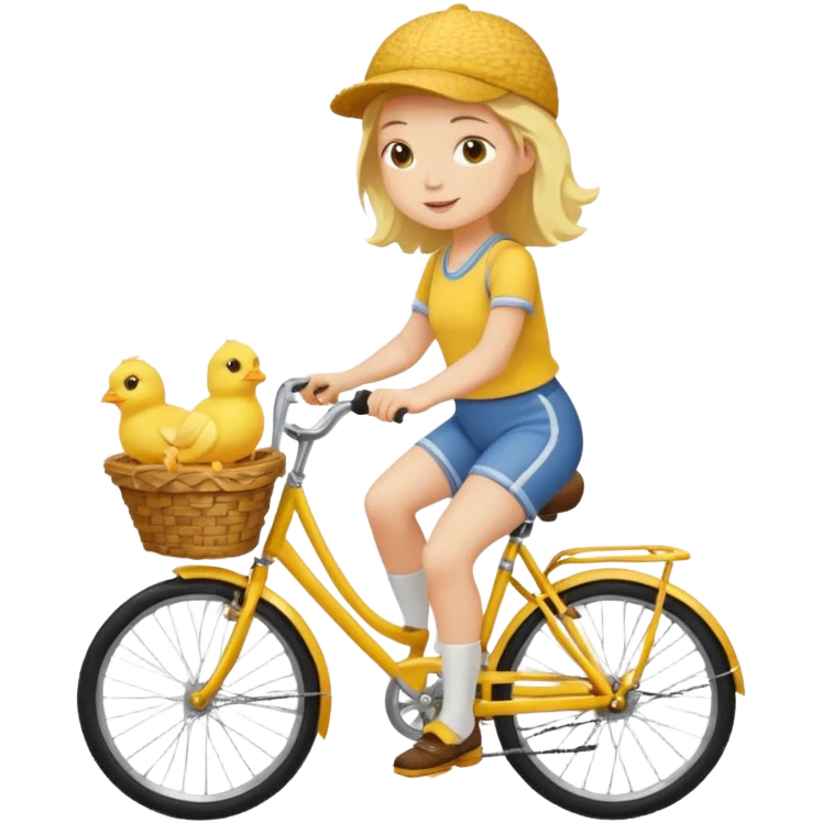 A flat toon cartoon girl riding a bicycle with a basket full of baby chicks, 1:1 square ratio. emoji