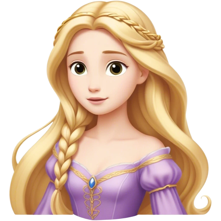 Cinematic Timeless Rapunzel Portrait Emoji, rendered in a clean, vector style. Depict Rapunzel with porcelain skin, beautifully styled long golden hair, and a serene, graceful expression, dressed in her classic gown. The design features bold, clean lines, a soft, magical glow, and a subtle glowing outline that captures her timeless, fairy-tale beauty. emoji