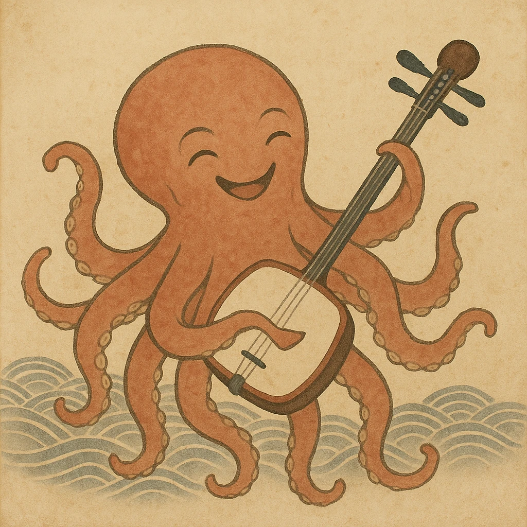 happy octopus with multiple arms playing guitar emoji