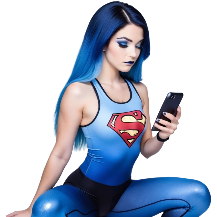 Shameful-head tilted-texting on phone-very very very large upper body-sexy face-bending forward at waist-very long very straight dark blue to light blue ombre hair-and-blue eyes-thick black eyeliner-thick long eyelashes-iridescent blue lowcut tanktop with black leggings with glitter superman logo emoji