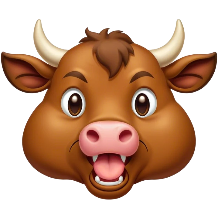 Cinematic Cute Yawning Brown Bull Portrait Emoji, Head tilted slightly with a dramatic, wide-open yawn, showcasing a smooth, rich brown hide with a subtle texture, floppy ears slightly drooping, round dark eyes barely open in drowsy contentment, Simplified yet irresistibly adorable features, highly detailed, glowing with a soft, cozy glow, high shine, relaxed yet expressive, stylized with a touch of rugged whimsy, bright and endearing, soft glowing outline, capturing the essence of a sleepy yet affectionate guardian, so drowsy it feels like it could charge right out of the screen and curl up for a nap! emoji