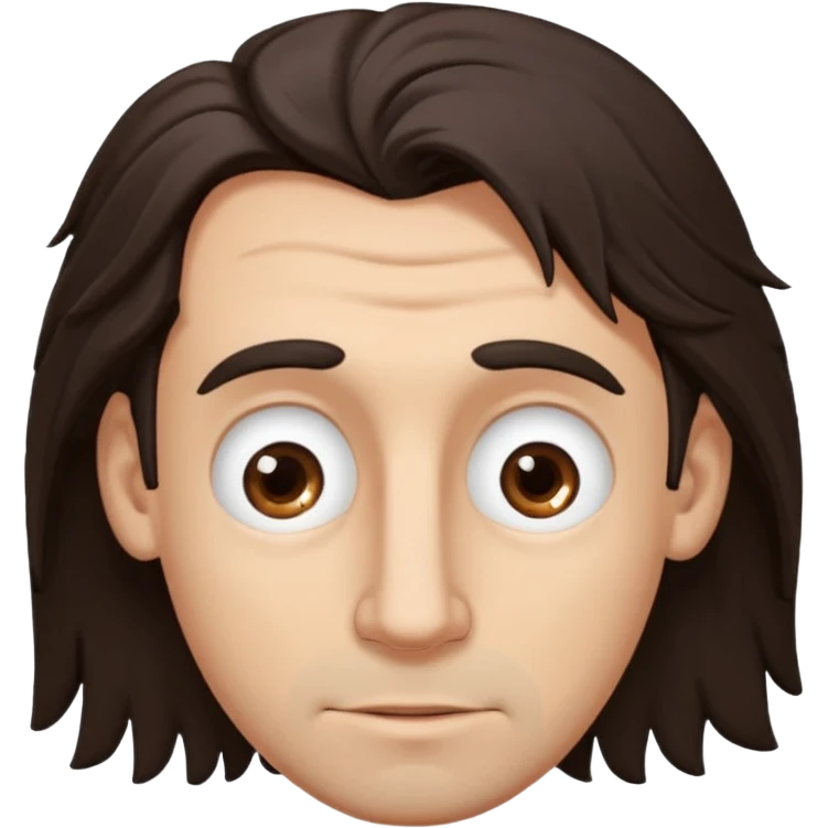 Handsome white man with big brown eyes long nose and dark brown messy hair cover his forhead and hair coming in eyes oval facecut emoji