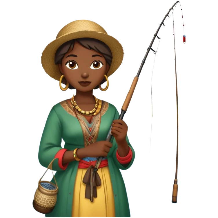 African woman fishing in the river, traditional clothing, holding fishing rod emoji