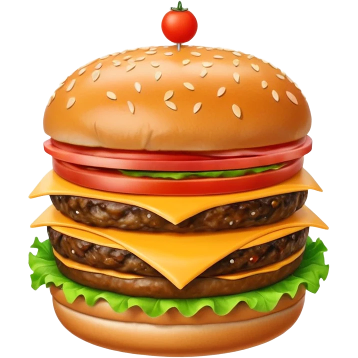 A classic single patty hamburger emoji, 3D Apple style, glossy and colorful. Soft rounded bun with sesame seeds, one beef patty, fresh lettuce, tomato slice, melted cheese, realistic but cartoonish look, clean white background emoji