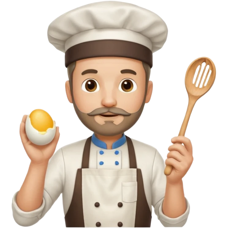 Middle aged male pastry chef - with a small beard, apron, white hat, holding an egg beater in his right hand, and his left hand naturally hanging down to his side emoji